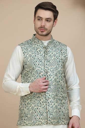 Blue woven design nehru jacket with solid kurta set for men