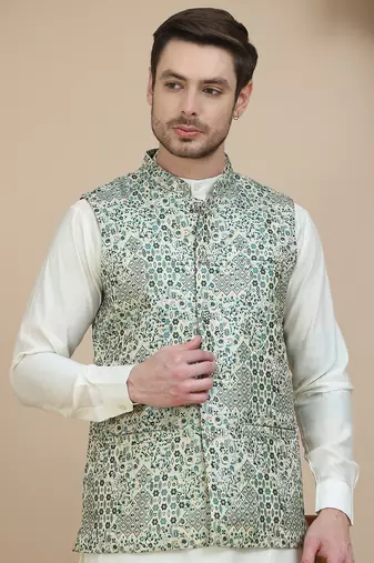 Blue woven design nehru jacket with solid kurta set for men