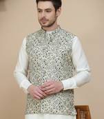 Blue woven design nehru jacket with solid kurta set for men