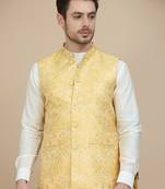 Yellow woven design nehru jacket with solid kurta set for men