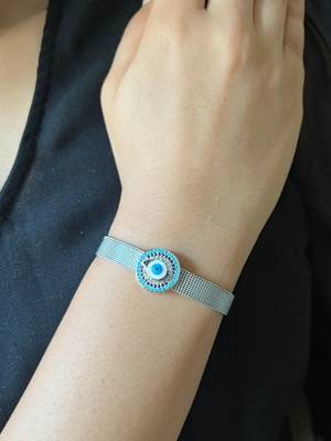 Round evil eye mesh strap bracelet - silver 2