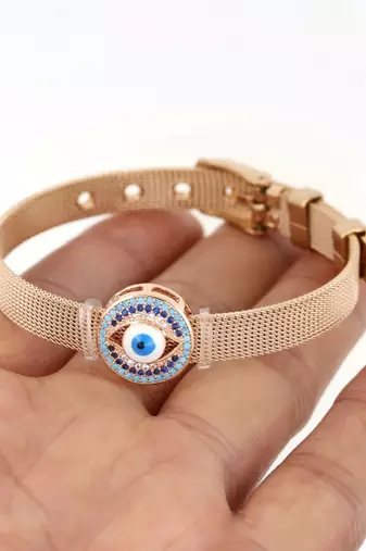 Round evil eye mesh strap bracelet - rose gold