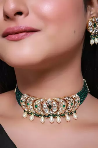 Green kundan polki choker necklace set