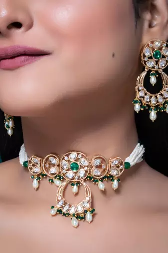 Green kundan polki choker necklace set