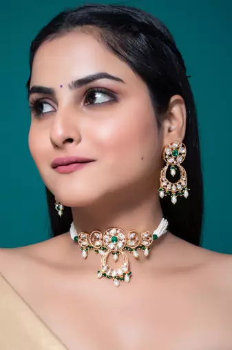 Green kundan polki choker necklace set