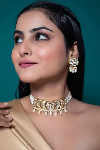 White kundan polki choker necklace set
