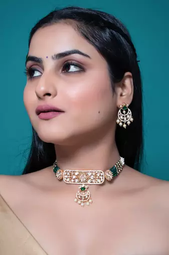 Green kundan polki choker necklace set
