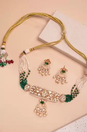 Green kundan polki choker necklace set