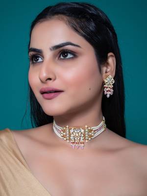 Pink kundan polki choker necklace set 2