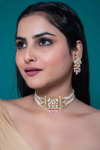 Pink kundan polki choker necklace set