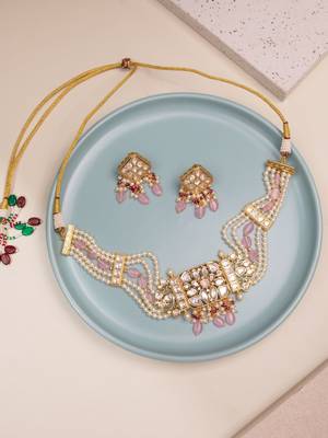 Pink kundan polki choker necklace set 3