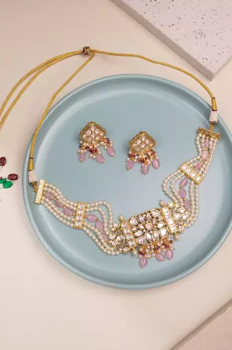 Pink kundan polki choker necklace set