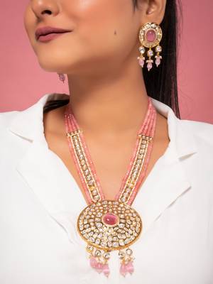 Pink kundan polki long necklace set 2