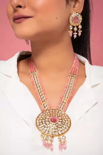 Pink kundan polki long necklace set