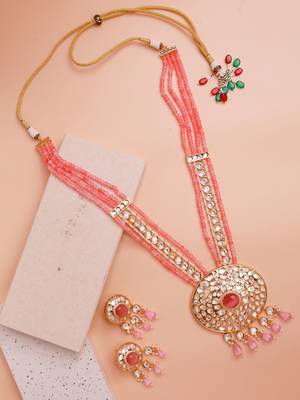 Pink kundan polki long necklace set 3