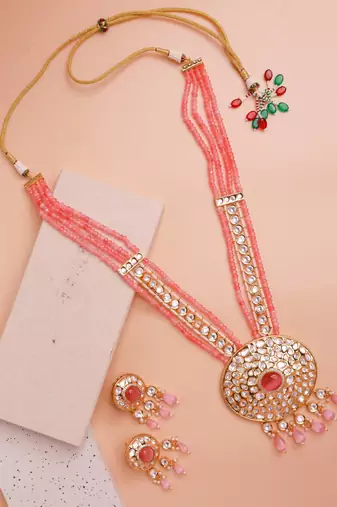 Pink kundan polki long necklace set
