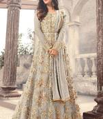 Grey embroidery,zari and diamond net anarkali churidar suit -semi-stichted (size upto 42")