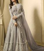 Fawn embroidery,zari and diamond net anarkali churidar with jacket suit -semi-stichted (size upto 42")