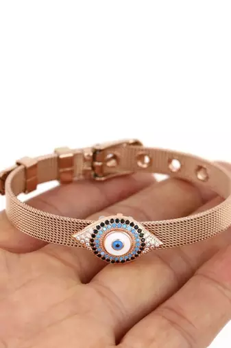 Evil eye mesh strap bracelet - rose gold