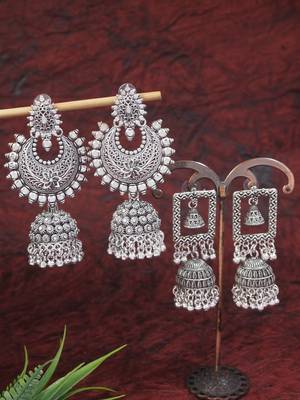 I jewels traditional silver oxidised afghani style dangle jhumka earrings combo 1