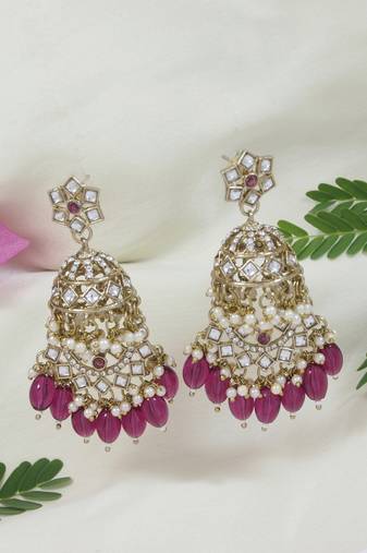 I jewels gold plated traditional handcrafted kundan & pearl dangle jhumka earrings for women