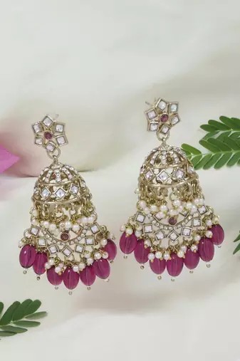 I jewels gold plated traditional handcrafted kundan & pearl dangle jhumka earrings for women