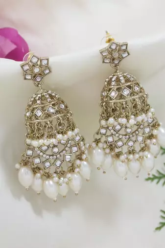 I jewels gold plated traditional handcrafted kundan & pearl dangle jhumka earrings for women