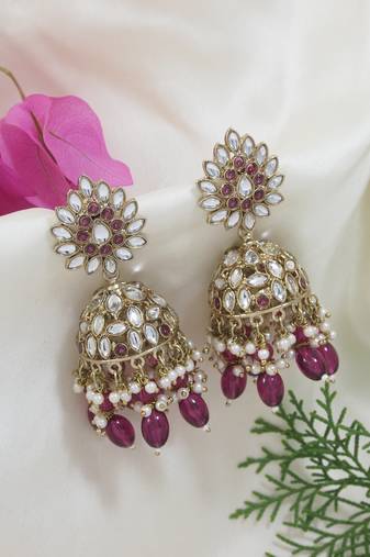 I jewels gold plated traditional handcrafted kundan & pearl jhumka earrings for women