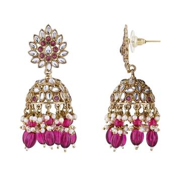 I jewels gold plated traditional handcrafted kundan & pearl jhumka earrings for women 3