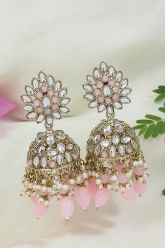 I jewels gold plated traditional handcrafted kundan & pearl jhumka earrings for women