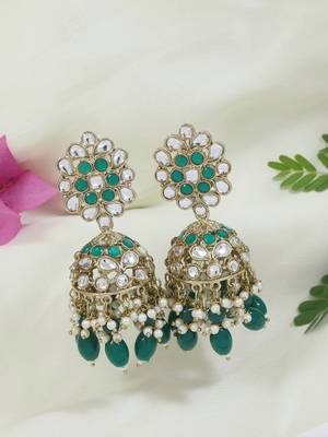 I jewels gold plated traditional handcrafted kundan & pearl jhumka earrings for women 1