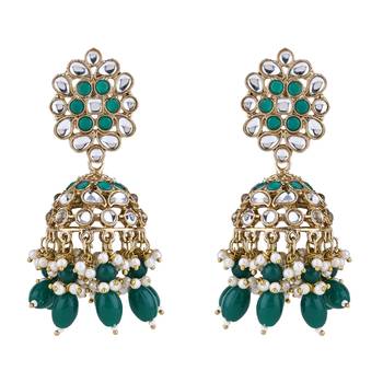 I jewels gold plated traditional handcrafted kundan & pearl jhumka earrings for women 2