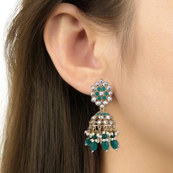 I jewels gold plated traditional handcrafted kundan & pearl jhumka earrings for women 5