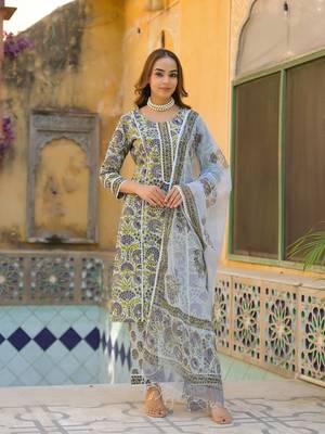 Divena sea green cotton block print kurta pant with dupatta 1