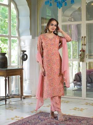 Divena peach floral print muslin embroidred kurta trouser with dupatta 1