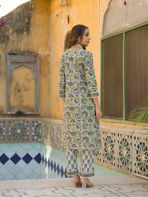 Divena sea green cotton block print kurta pant with dupatta 2