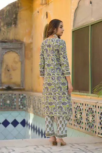 Divena sea green cotton block print kurta pant with dupatta