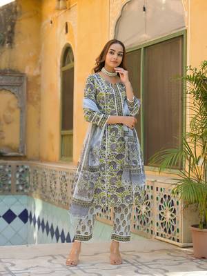 Divena sea green cotton block print kurta pant with dupatta 3