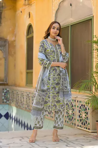Divena sea green cotton block print kurta pant with dupatta