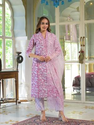 Divena white & pink cotton block print kurta pant with dupatta 1