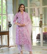 Divena white & pink cotton block print kurta pant with dupatta
