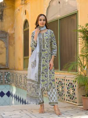 Divena sea green cotton block print kurta pant with dupatta 4