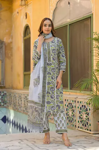 Divena sea green cotton block print kurta pant with dupatta