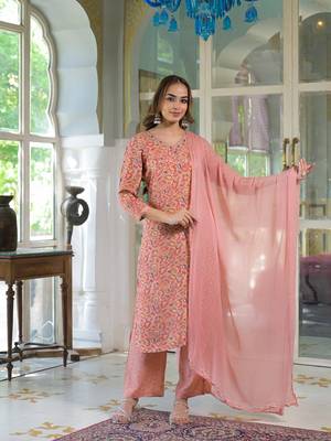 Divena peach floral print muslin embroidred kurta trouser with dupatta 4