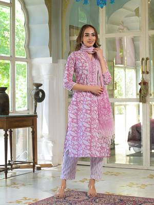 Divena white & pink cotton block print kurta pant with dupatta 3