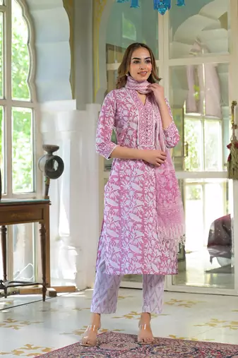 Divena white & pink cotton block print kurta pant with dupatta