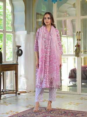 Divena white & pink cotton block print kurta pant with dupatta 4