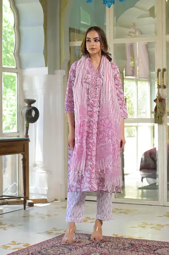 Divena white & pink cotton block print kurta pant with dupatta