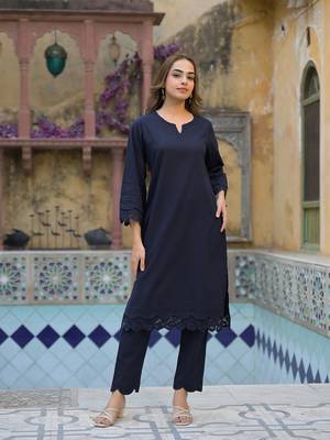 Divena navy blue cotton straight fit lace border kurta with trouser 1