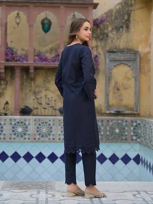Divena navy blue cotton straight fit lace border kurta with trouser 2